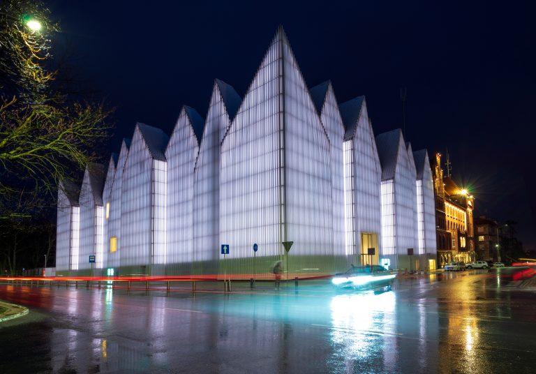Szczecin,april,2018:futuristic,Office,Building,In,Szczecin,Philharmonic,night,,After,Rain
